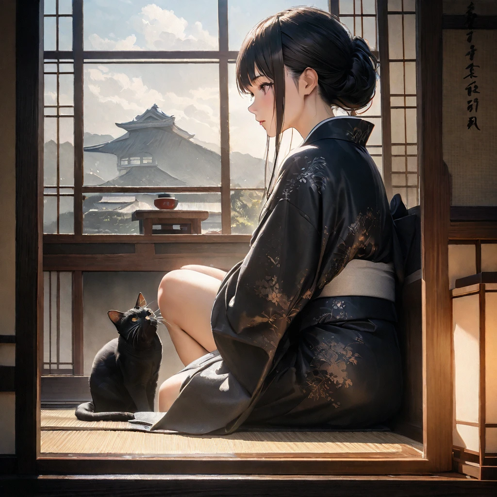Girl with a cat, Ink Painting, In the tranquility of a traditional Japanese room, A girl wearing a kimono is sitting upright, Her eyes were fixed on the black cat that was perched on the window pane.. , Panoramic View, 8K,((masterpiece:1.4, Highest quality)), Black Hair, Brown eyes, (Depth of written boundary:1.3), Lower Body, High quality scenes, Vivid and photorealistic, Super detailed, 8K, masterpiece, elegant, Beautiful summer sky, Warm atmosphere, Clear lines, Official Art, Professional, Ultra high definition
