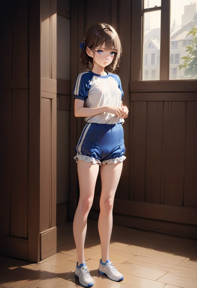 masterpiece, high quality, Small breasts, One Girl, Are standing, stop temporarily, stop temporarily,  Gym suit, shorts, Bloomers,  whole body, shirt,blue eyes, Realistic