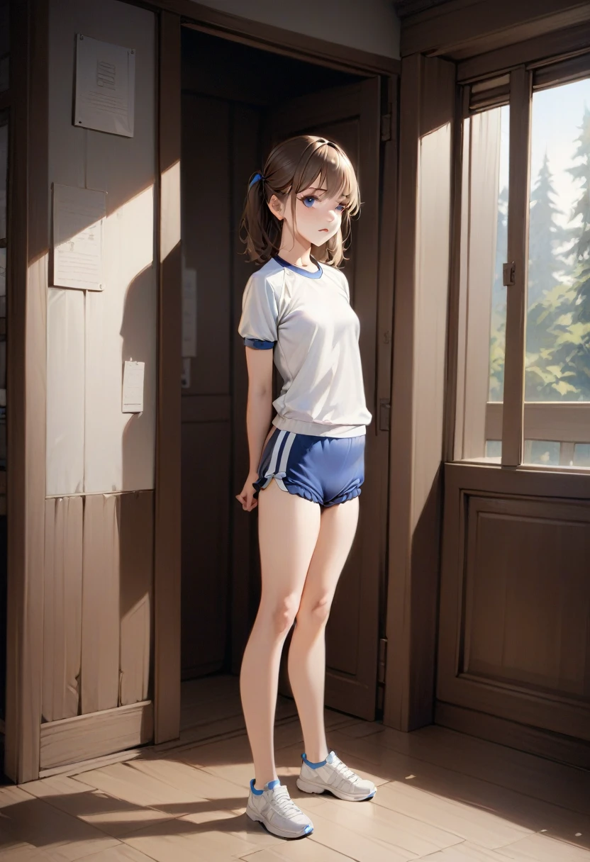 masterpiece, high quality, Small breasts, One Girl, Are standing, stop temporarily, stop temporarily,  Gym suit, shorts, Bloomers,  whole body, shirt,blue eyes, Realistic