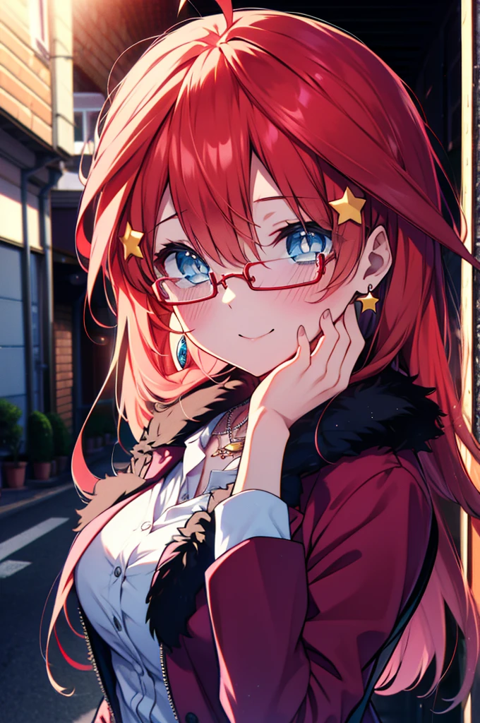 itsukinakano, itsuki nakano, bangs, blue eyes, Hair between the eyes, Ahoge, Redhead, star \(symbol\), hair ornaments, star hair ornaments,Akagi Glasses,smile,blush,Fun atmosphere,Open your mouth,Long Hair,Tie your hair back,Red jacket, (Checked fur jacket: 1.2), Checked long skirt, High heels, necklace, Handbags, Earrings,Walking,morning,morning陽,The sun is rising,whole bodyがイラストに入るように,
break outdoors, Building district,                                            break looking at viewer,whole body,
break (masterpiece:1.2), Highest quality, High resolution, unity 8k wallpaper, (shape:0.8), (Beautiful and beautiful eyes:1.6), Highly detailed face, Perfect lighting, Extremely detailed CG, (Perfect hands, Perfect Anatomy),