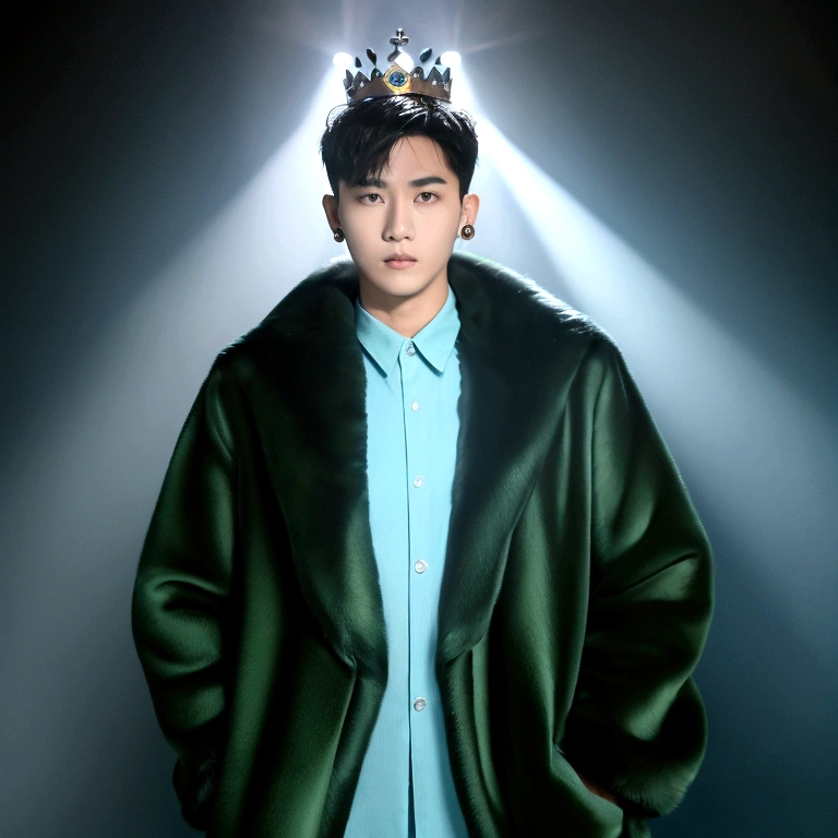 A young Asian man with black hair buzz cut short, dressed in a green fur coat and a simple white shirt. He wears a small earring on his left ear. The man's face is partially covered by a crown of light blue sharks and various sizes, arranged in a circle around his head. The background of the image is simple and clear, an infinite white background, highlighting the man and the sharks. Man's expression is neutral and contemplative. The image should convey a sense of introspection and surrealism.