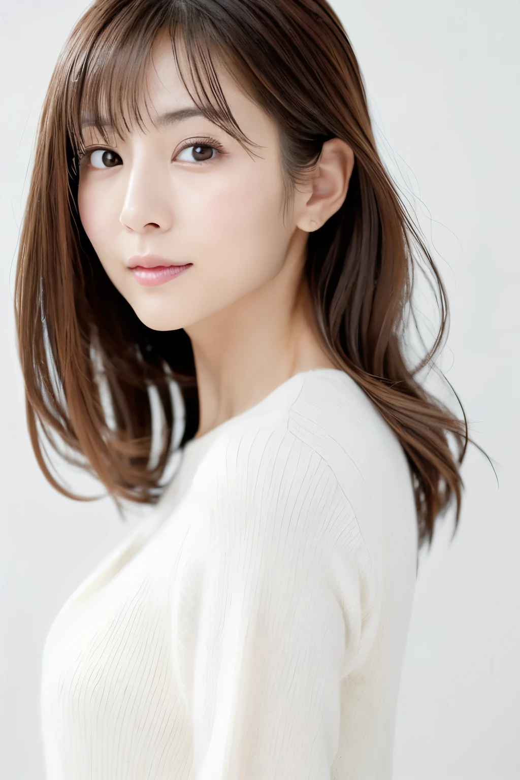 (High reality photograph, high resolusion), Skinny Japanese lady, 30 years old, cute face, detailed face, detailed eyes, various hair style, skinny figure, correct body anatomy, ((looking straight ahead)), facing the camera directly, a photo captured the best moment expressing the beauty and brains, ((with white background))