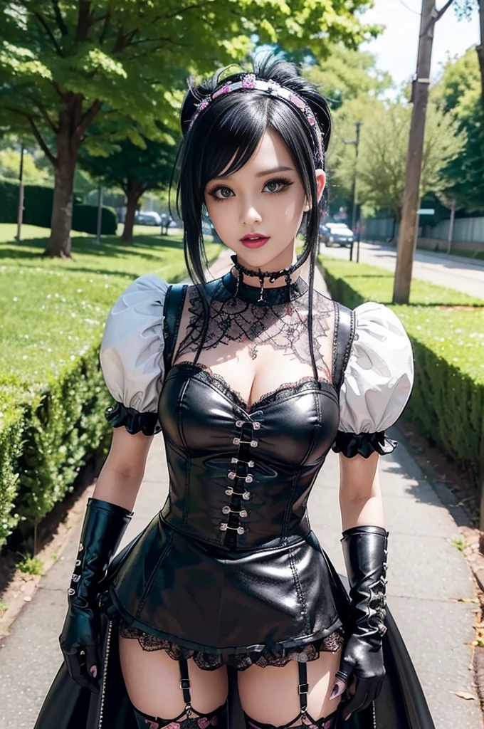 sexy stylish female model, only 1 female, ((doll-like appearance)), long stylish hair, ((shiny Punk-Style boots)), (beautiful smile), ultra detailed eyes, Punk makeup, lipgloss, ((sexy Punk Lolita cosplay)), unconventional skirt, petticoats, high neckline, ((ultra detailed lace)), ((ultra detailed embroidery)), intricate details, tartan patterns, safety pins, Punk Lolita accessoires, short black gloves, Punk Lolita choker, ((large sparkling Punk Lolita jewelry)), cinematic light, detailed large park background with trees 