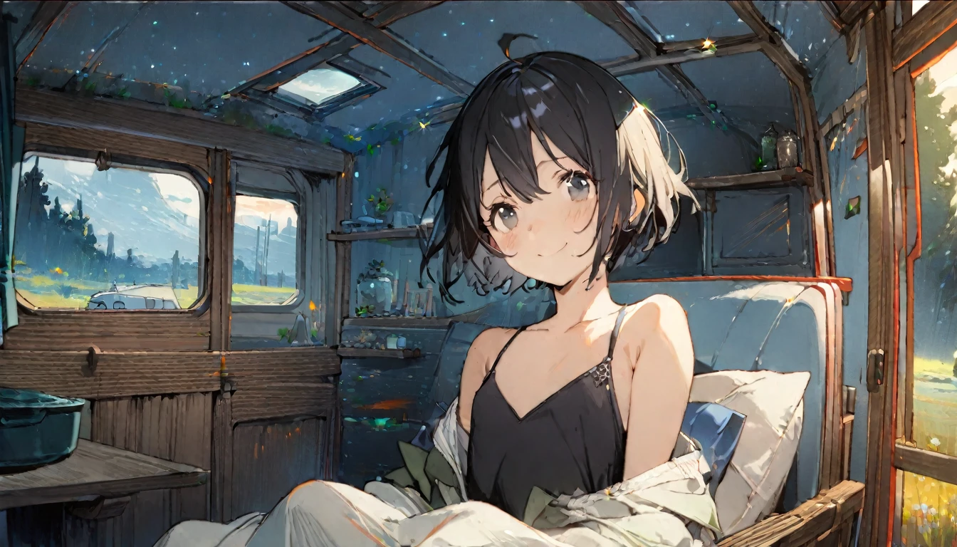 1girl, solo, gentle smile on her face flat chest, short hair, black hair, upper body, ((masterpiece, illustration, best quality)) ((best quality)), ((masterpiece)), Create exquisite illustrations reminiscent of Makoto Shinkai's style, It has ultra-fine details and top-notch quality. The room is spacious and resembles the interior of a camper.々and create an illustration of a train that transforms into a living space. In-flight, There is a cozy setup for comfortable living. A young girl is seen relaxing inside, Enjoy the tranquility of the journey. The cabin is tastefully designed, Warm lighting and comfortable furnishings. Through the window, You can see the cityscape wrapped in the lights of the setting sun, creating a serene ambiance.