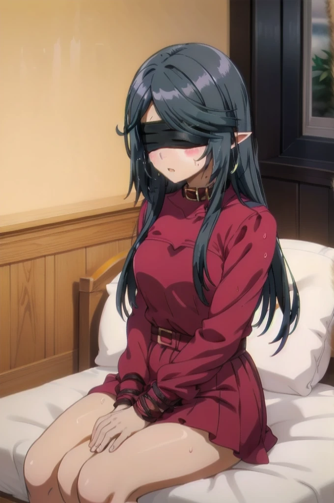 dark blue hair,,long hair,purple eyes,pointy ears,elf,tall,red dress suit,bondage,tied up,bound,tied wrist,tied legs,(((blindfold))),blush,wet,sweat,rope.collar,leash,on the bed