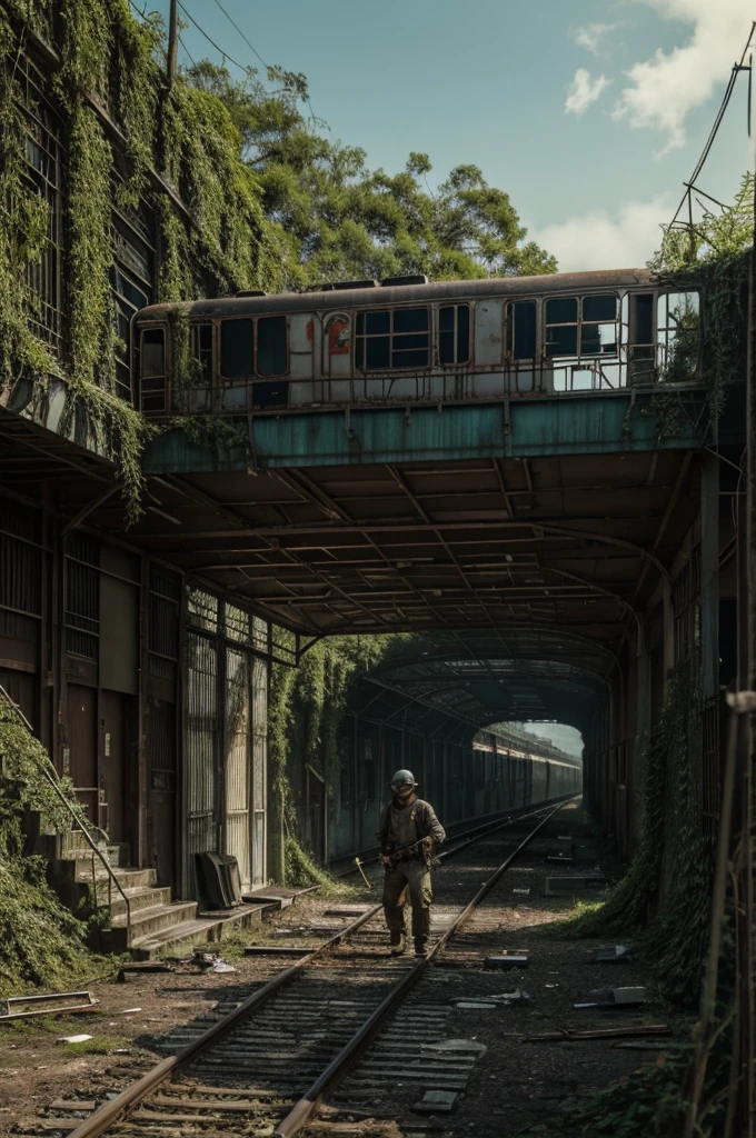 In the anime style image, visualizes a train station partially covered in vines and moss, with broken windows and rusty signs. On the right side, a young boy in improvised cannibal clothing, with a baseball bat in one hand and a katana in the other, run determinedly to the right. On the left side, a group of cannibals with wild looks watch from the shadow of the carriages, his eyes shining with hunger. The atmosphere is gloomy and post-apocalyptic, with nature slowly reclaiming abandoned space.