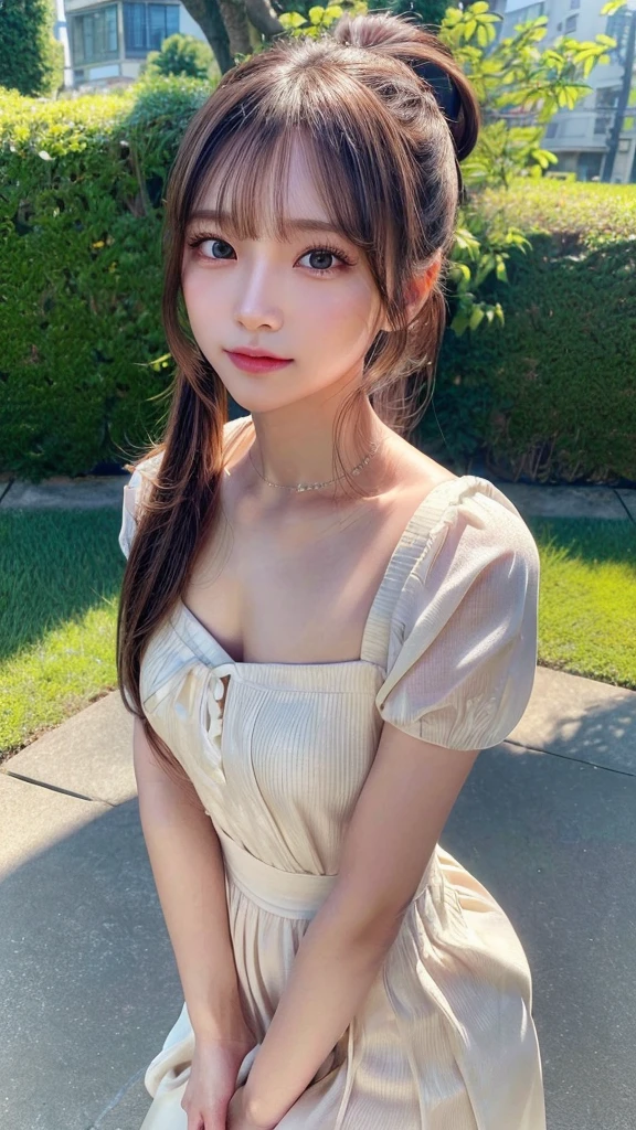 One piece with collar,outdoors,Urban Park,On the lawn,Ultra-detailed, finely detail, hight resolution, 8K Wallpaper, Perfect dynamic composition, Beautiful detailed eyes,Outdoor,Close-up of face,Outdoor,Blushing,Facing forward,,Long hair ponytail,((8k, Raw photo, Best Quality, Mastepiece:1.2), (Realism, Photorealistic:1.4), (Highly detailed 8K wallpapers), Depth of written boundary, Cinematic Lighting, Soft Light, Detailed Beauty Eye,Shiny and smooth light brown ponytail, Asymmetrical bangs, Shiny skin, Ultra-detailed skins ,It is high resolution., High detail, Detailed hairstyle, Detailed facial beauty, Hyper-realistic, Perfect limbs, Perfect Anatomy ,1 Japanese girl,Famous Japanese Idols, Perfect female body,A shy smile,Short eyelashes,Double-edged eyelids,Look straight here,Hair style: ponytail,