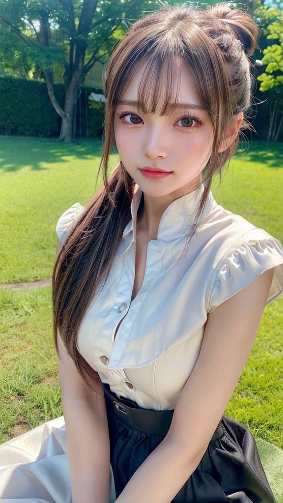 One piece with collar,outdoors,Urban Park,On the lawn,Ultra-detailed, finely detail, hight resolution, 8K Wallpaper, Perfect dynamic composition, Beautiful detailed eyes,Outdoor,Close-up of face,Outdoor,Blushing,Facing forward,,Long hair ponytail,((8k, Raw photo, Best Quality, Mastepiece:1.2), (Realism, Photorealistic:1.4), (Highly detailed 8K wallpapers), Depth of written boundary, Cinematic Lighting, Soft Light, Detailed Beauty Eye,Shiny and smooth light brown ponytail, Asymmetrical bangs, Shiny skin, Ultra-detailed skins ,It is high resolution., High detail, Detailed hairstyle, Detailed facial beauty, Hyper-realistic, Perfect limbs, Perfect Anatomy ,1 Japanese girl,Famous Japanese Idols, Perfect female body,A shy smile,Short eyelashes,Double-edged eyelids,Look straight here,Hair style: ponytail,