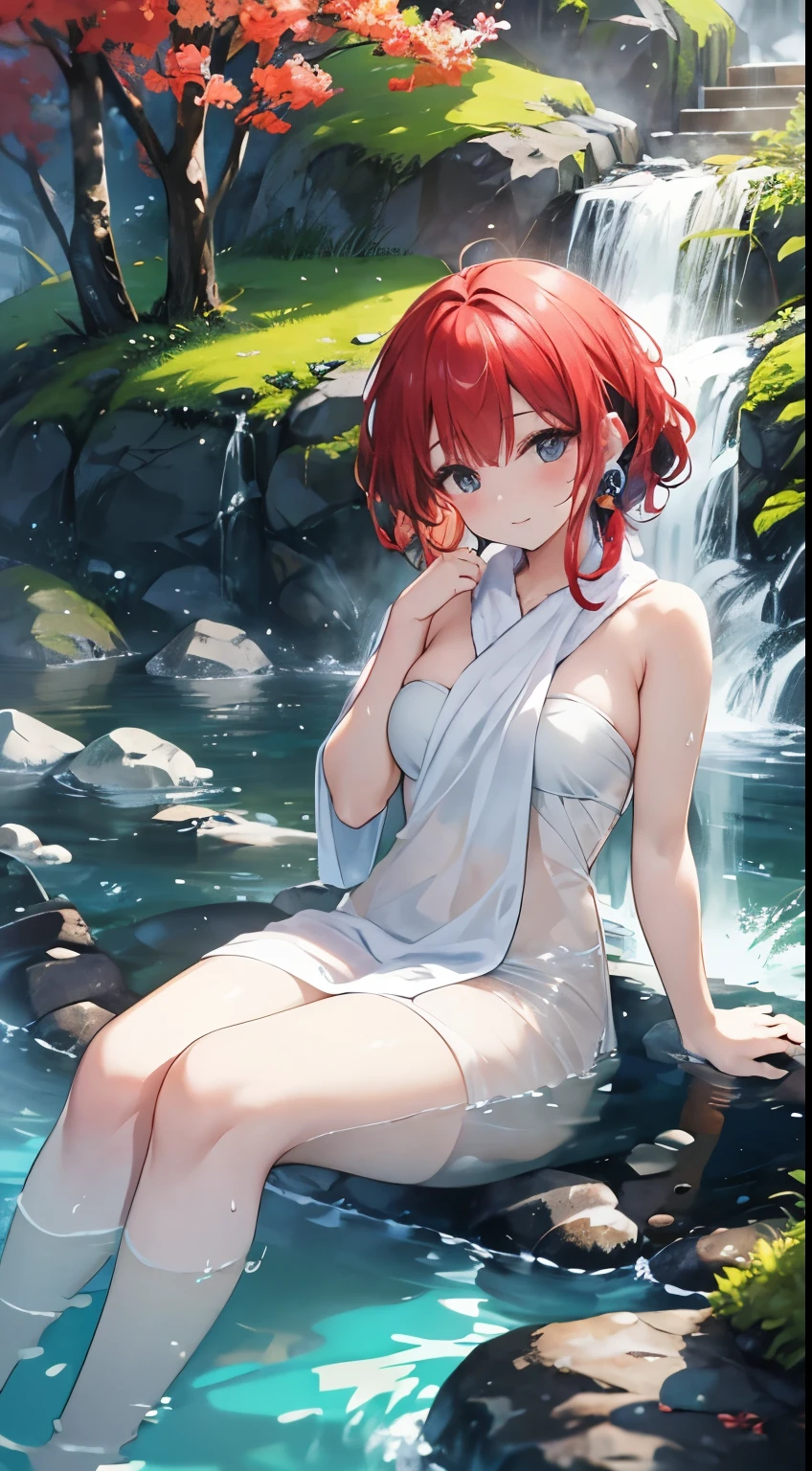 Woman relaxing in hot spring,20generation,Yang Liang、Colored leaves、Satisfied face,Cover your hair with a towel,Beautiful light of inspiration,Elegant water flow,Soothing atmosphere,Quiet and peaceful background