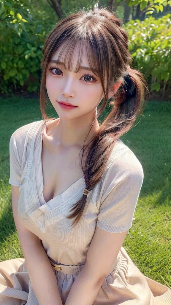 One piece with collar,outdoors,Urban Park,On the lawn,Ultra-detailed, finely detail, hight resolution, 8K Wallpaper, Perfect dynamic composition, Beautiful detailed eyes,Outdoor,Close-up of face,Outdoor,Blushing,Facing forward,,Long hair ponytail,((8k, Raw photo, Best Quality, Mastepiece:1.2), (Realism, Photorealistic:1.4), (Highly detailed 8K wallpapers), Depth of written boundary, Cinematic Lighting, Soft Light, Detailed Beauty Eye,Shiny and smooth light brown ponytail, Asymmetrical bangs, Shiny skin, Ultra-detailed skins ,It is high resolution., High detail, Detailed hairstyle, Detailed facial beauty, Hyper-realistic, Perfect limbs, Perfect Anatomy ,1 Japanese girl,Famous Japanese Idols, Perfect female body,A shy smile,Short eyelashes,Double-edged eyelids,Look straight here,Hair style: ponytail,