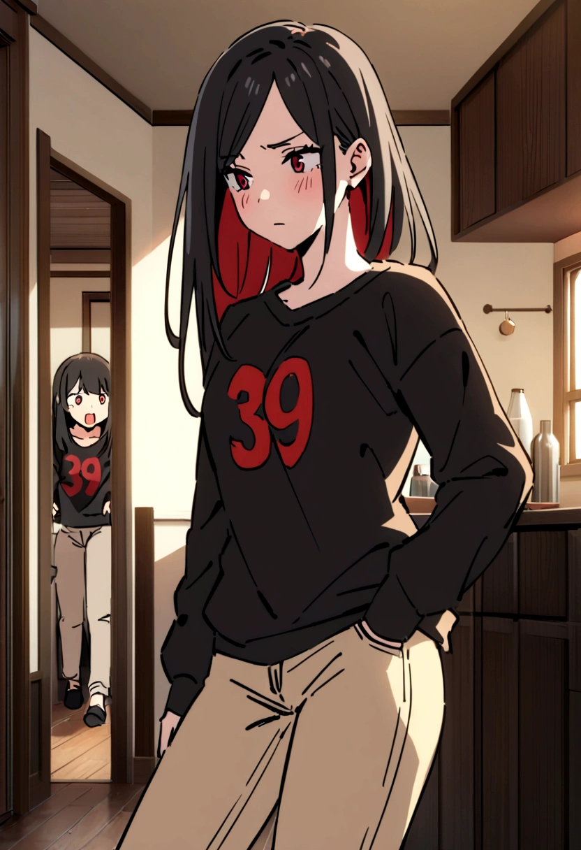 a 24 year old woman, with short black hair with red highlights, dark red eyes, He is wearing a black sweatshirt and light brown jeans, her expression is kinda serious and she's in a house.