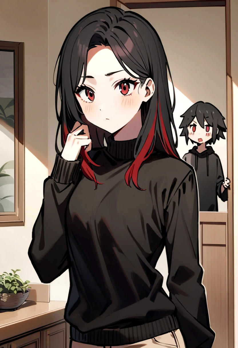 a 24 year old woman, with short black hair with red highlights, dark red eyes, He is wearing a black sweatshirt and light brown jeans, her expression is kinda serious and she&#39;s in a house.