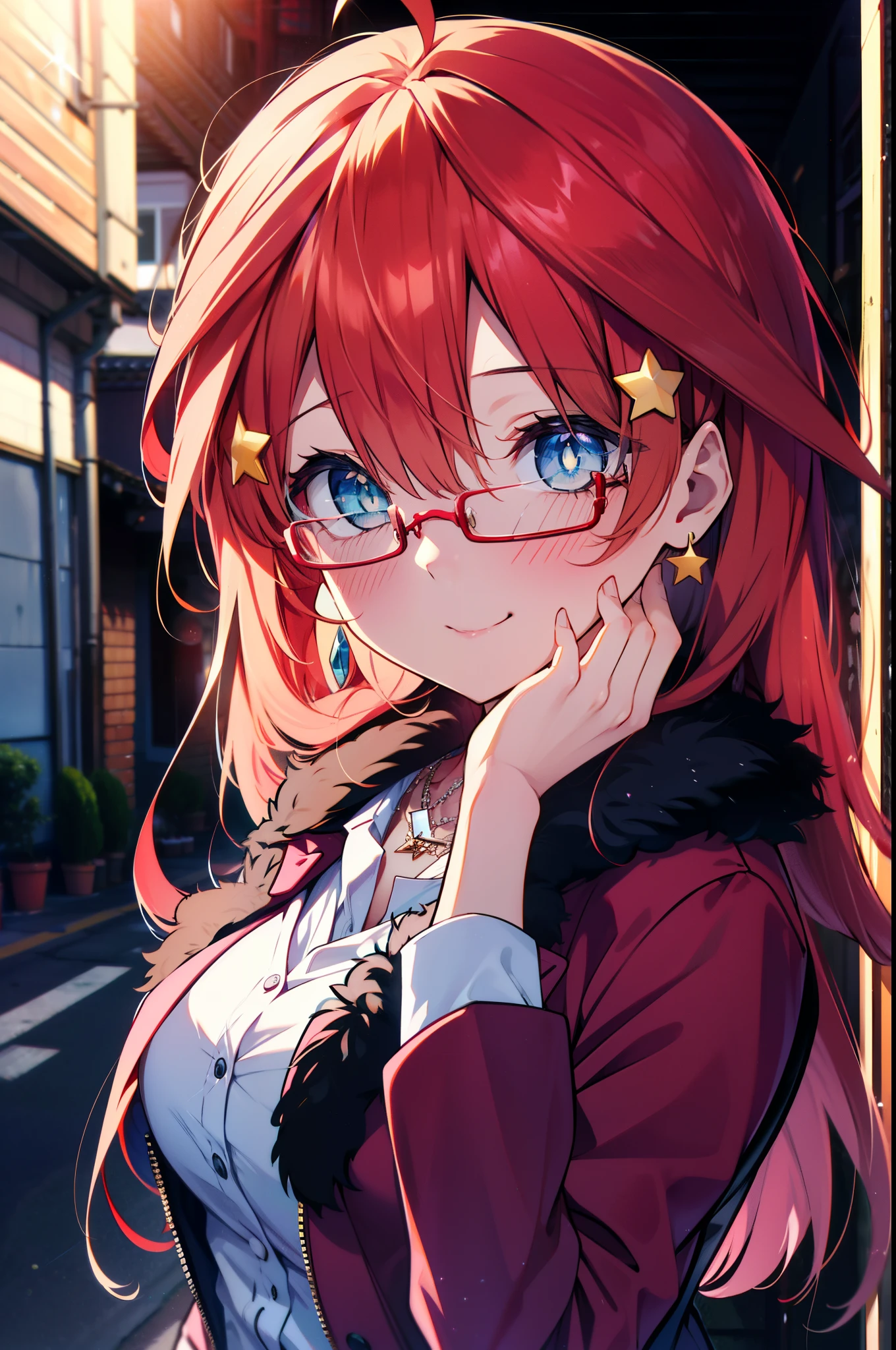 itsukinakano, itsuki nakano, bangs, blue eyes, Hair between the eyes, Ahoge, Redhead, star \(symbol\), hair ornaments, star hair ornaments,Akagi Glasses,smile,blush,Fun atmosphere,Open your mouth,Long Hair,Tie your hair back,Red jacket, (Checked fur jacket: 1.2), Checked long skirt, High heels, necklace, Handbags, Earrings,Walking,morning,morning陽,The sun is rising,whole bodyがイラストに入るように,
break outdoors, Building district,                                            break looking at viewer,whole body,
break (masterpiece:1.2), Highest quality, High resolution, unity 8k wallpaper, (shape:0.8), (Beautiful and beautiful eyes:1.6), Highly detailed face, Perfect lighting, Extremely detailed CG, (Perfect hands, Perfect Anatomy),