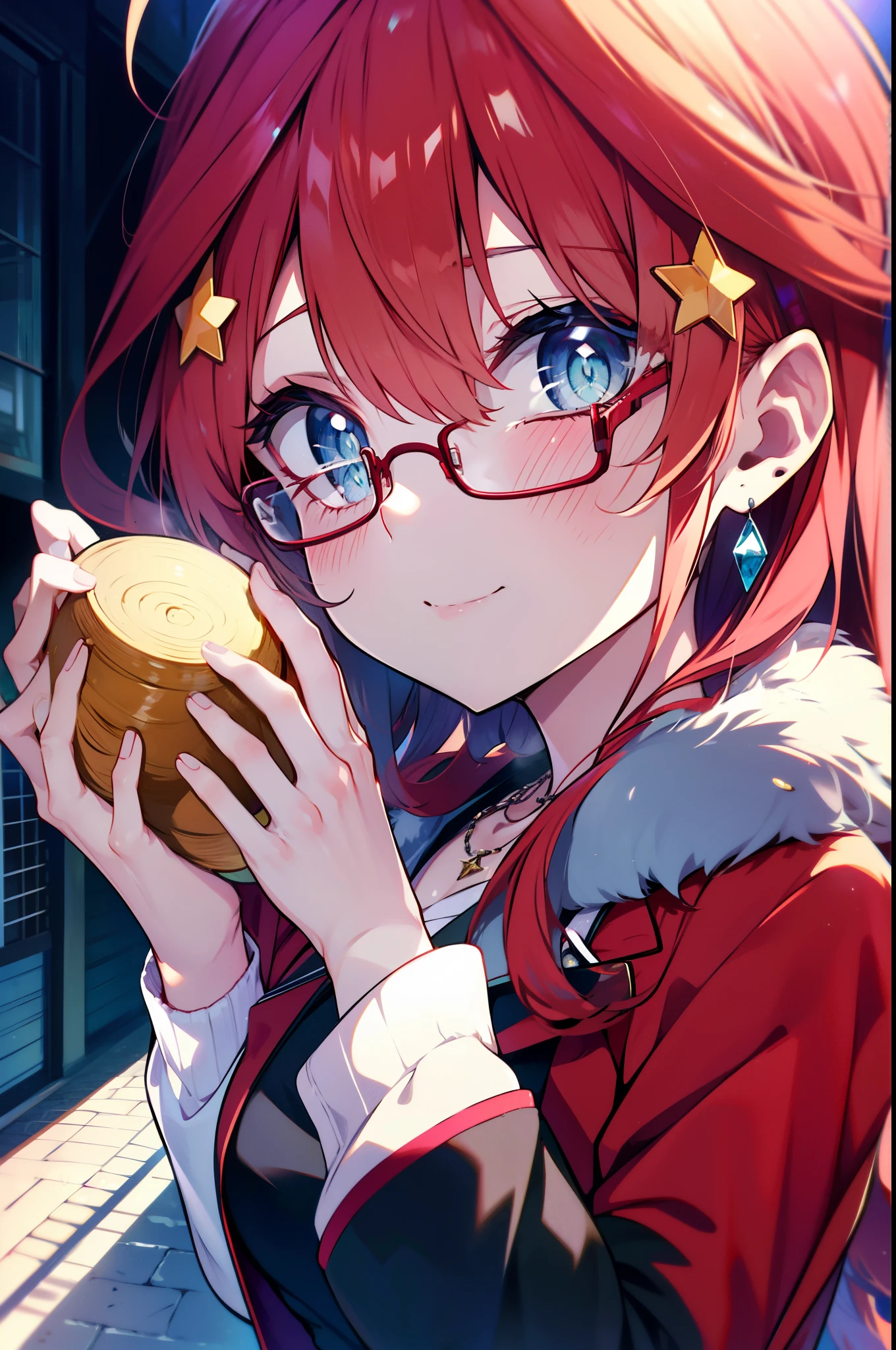 itsukinakano, itsuki nakano, bangs, blue eyes, Hair between the eyes, Ahoge, Redhead, star \(symbol\), hair ornaments, star hair ornaments,Akagi Glasses,smile,blush,Fun atmosphere,Open your mouth,Long Hair,Tie your hair back,Red jacket, (Checked fur jacket: 1.2), Checked long skirt, High heels, necklace, Handbags, Earrings,Walking,morning,morning陽,The sun is rising,whole bodyがイラストに入るように,
break outdoors, Building district,                                            break looking at viewer,whole body,
break (masterpiece:1.2), Highest quality, High resolution, unity 8k wallpaper, (shape:0.8), (Beautiful and beautiful eyes:1.6), Highly detailed face, Perfect lighting, Extremely detailed CG, (Perfect hands, Perfect Anatomy),