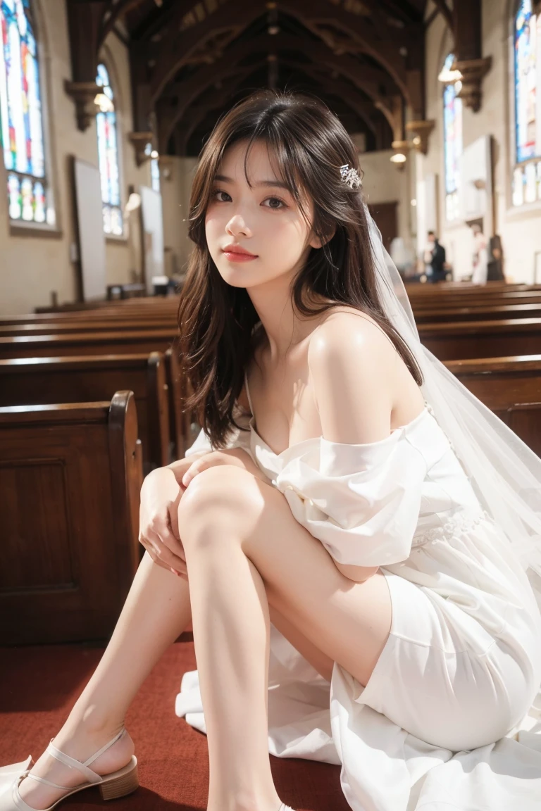8K RAW Photos, Highest quality, masterpiece, Ultra-high resolution, 3d, Realistic, One girl, Asian, black_hair, length_hair, nose, wedding dress, Natural skin texture, light brown_eye, detailed eyes and face, lips, lipstick, smile, perfect legs,Beautiful feet, Beautiful church location, (Detailed Background), Checked skirt, White shirt, Blurred Background, white dress like a wedding dress,