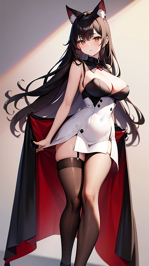 A woman, half cat, wide breasts, brown eyes, wearing a white and black dress, red stockings, and standing, and very sexy