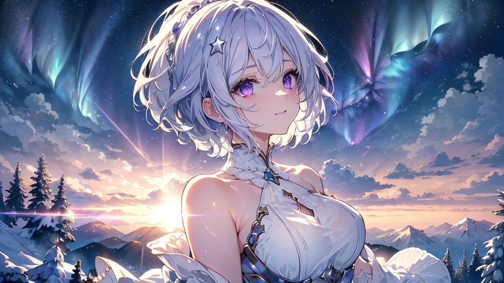((masterpiece,hight resolution,8K picture quality,top-quality)),1girl in,((extra detailed face)),femele,Delicate eyes,((Purple eyes)),((hairstyle on:Very short,White hair)),lensflare,Dramatic makeup,look back and smile,Natural complexion,large full breasts,Diffuse reflection of light(colourfull:1.5),aurora night sky,Star-filled sky,Meteor swarm,snowy forest,Profile staring at the sky,look up from the hill,