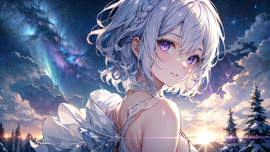 ((​masterpiece,hight resolution,8K picture quality,top-quality)),1girl in,((extra detailed face)),femele,Delicate eyes,((Purple eyes)),((hairstyle on:Very short,White hair)),lensflare,Dramatic makeup,look back and smile,Natural complexion,large full breasts,Diffuse reflection of light(colourfull:1.5),aurora night sky,Star-filled sky,Meteor swarm,snowy forest,Profile staring at the sky,look up from the hill,