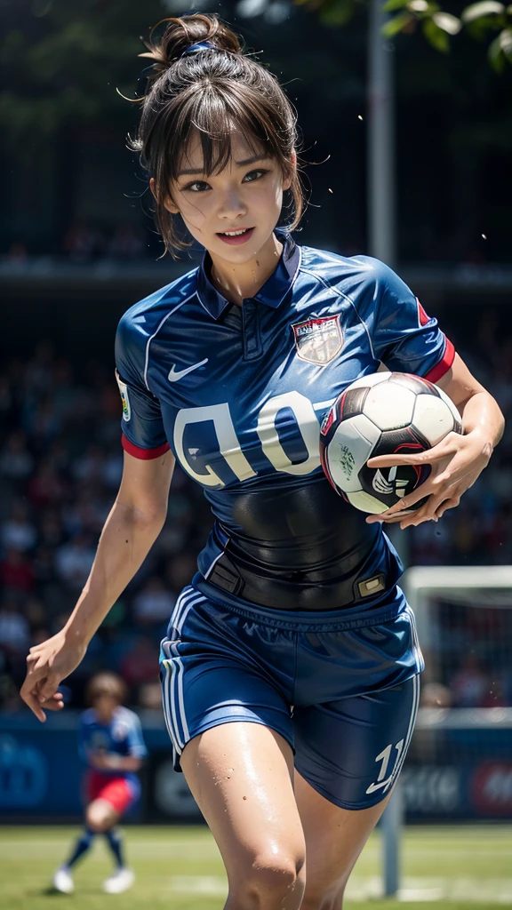 Highest quality, High resolution:1.2, Very detailed, Realistic:1.3, ((Beautiful woman))、((Super tight uniform))、((Super big breasts))、(((Soccer uniforms)))、Vibrant colors, play soccer,(Blunt bangs)、((short hair))、Different hair colors、With bangs、Wet Hair, concentrate, splash, Action Shots, Grass blotches, Muddy ground, Wet turf, decide, Fast-paced games, Athletic physique, Shiny soccer ball, Wet Uniform, raindrop, Blurred motion, ボールにconcentrateする, Intense competition, Skillful dribbling, Energetic play, Teamwork, powerful shoots, Wet pitch, Passionate sports, Humid atmosphere, Fluid movement, emotional expression、Dramatic lighting, Women's Sports, Avid athletes, Exciting Games, Endure, Excited state, Speed and agility, Energetic play, 濡れたsplash、smile、((Red Uniform))