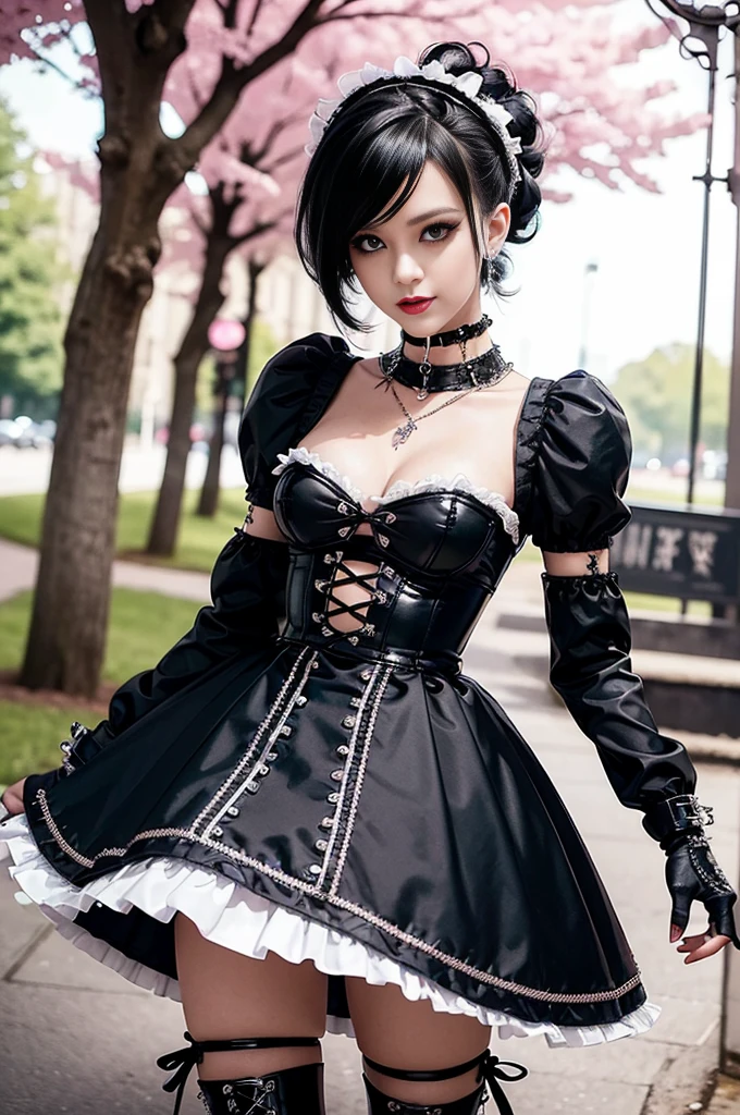 sexy stylish female model, only 1 female, ((doll-like appearance)), long stylish hair, ((shiny Punk-Style boots)), (beautiful smile), ultra detailed eyes, Punk makeup, lipgloss, ((sexy Punk Lolita cosplay)), unconventional skirt, petticoats, high neckline, ((ultra detailed lace)), ((ultra detailed embroidery)), intricate details, tartan patterns, safety pins, Punk Lolita accessoires, short black gloves, Punk Lolita choker, ((large sparkling Punk Lolita jewelry)), cinematic light, detailed large park background with trees