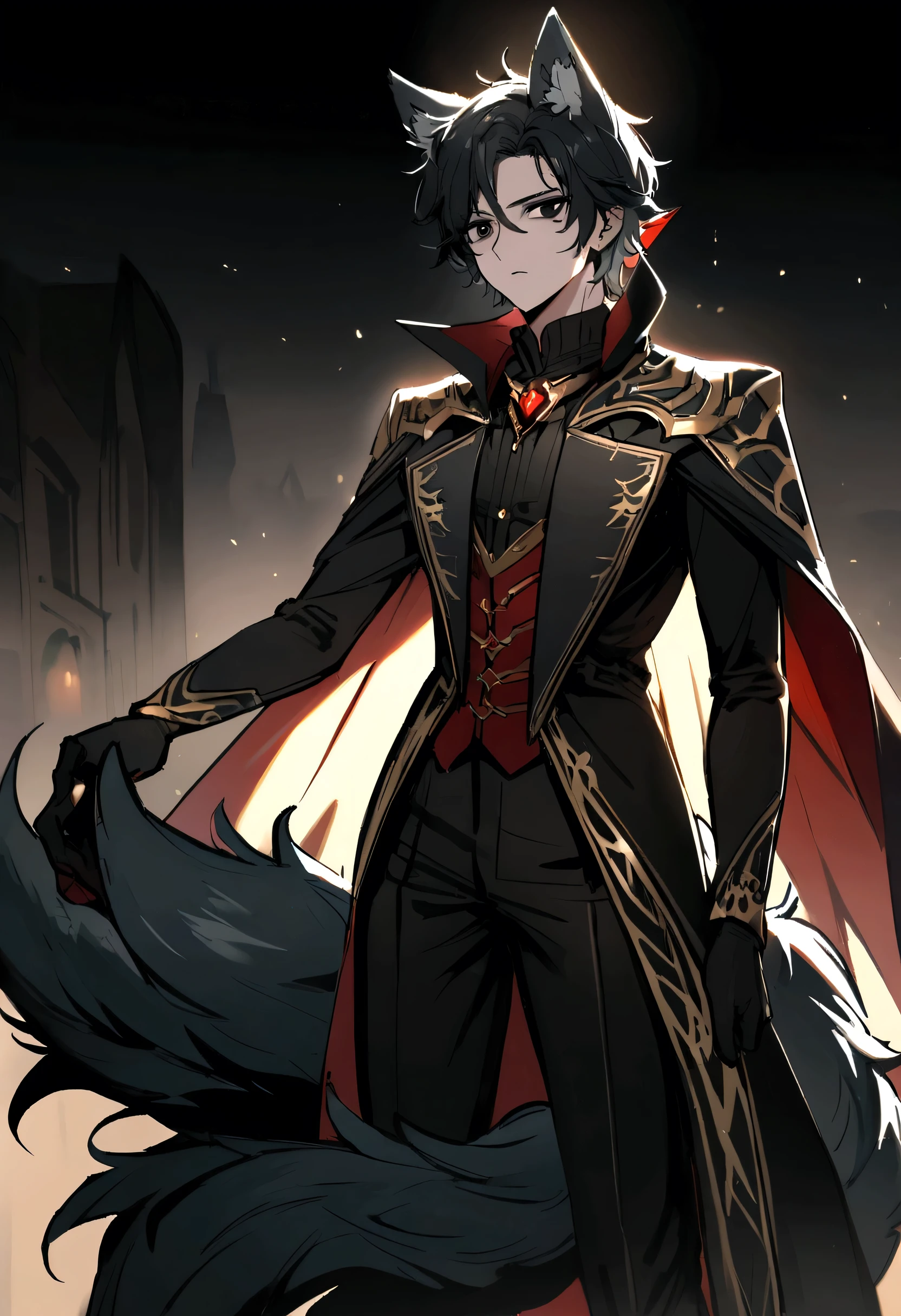 short tender sexy boy with long black hair , big black eyes  , wolf ears and tail , hero costume  , powers of darkness and death
