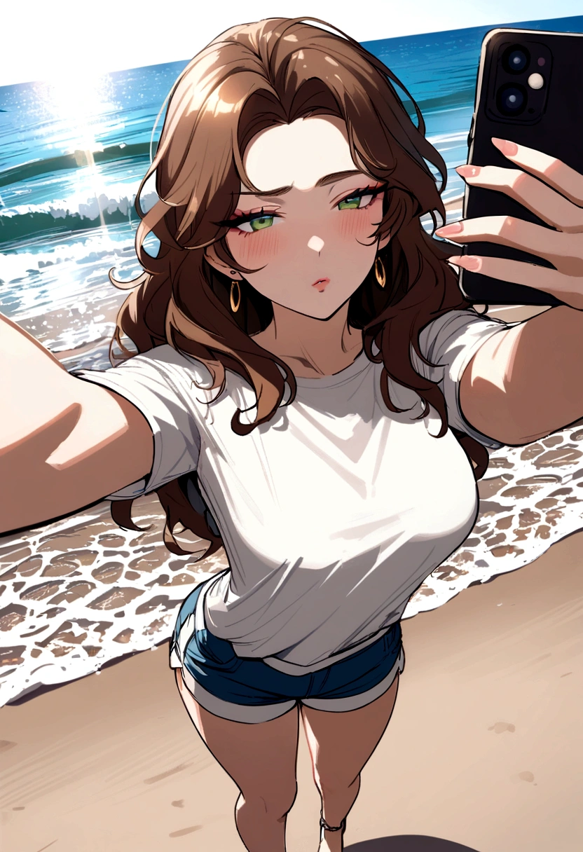 arafed woman, sexy girl  with wavy brown hair, green eyes squinting from the bright sun, selfie of a young woman,without makeup, natural makeup,  subtle makeup, stunning full body  on beach,  Dressed in a white t shirt and shorts