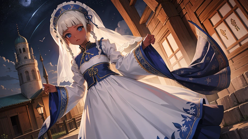 最high quality、high quality、10 years old、Brightly embroidered folk costumes from Central Asia and the Caspian Sea region、Bride Girl、Moonlight meadow、Long dress