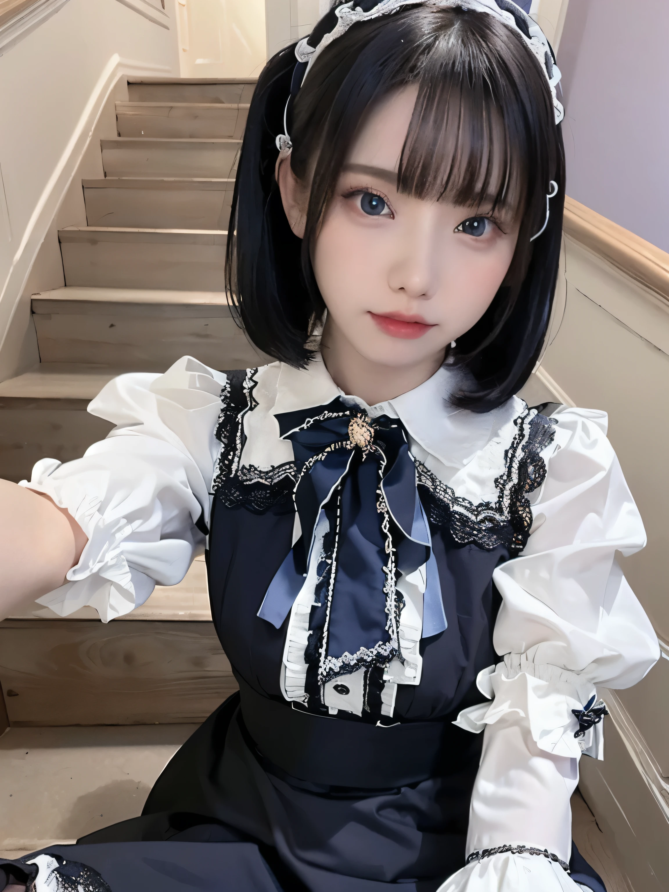 (Highest quality、8K、32k、Masterpiece: 1.2)、(High resolution)、(8K)、(High resolution)、 Woman with short bob black hair、Round glasses、Blue and white plaid maid outfit、Blue ribbon and star accessories、Plush hair accessory、ruffled sleeves、Natural Makeup、Taking a selfie in a casual indoor setting、purple backdrop、Staircase Background