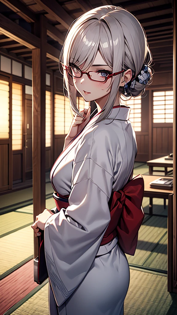 (1girl:1.3), Masterpiece, Best quality, amazing beauty, [[3D]], 4K, absurdres, finely detail, super detailed eye, perfect anatomy, official art, cinematic lighting, BREAK, ryokan, tatami, silky long hair, silver hair, super shiny detailed black eyes, big eyes, tareme, cute eyes, thin eyebrow, Staring, close-mouth, thin lips, smirk, mascara, rouge, Eyeliner, red lips, red eyewear, blush, BREAK, tall, slender, tanlines, She turns around and shows her back, bare shoulders, BREAK ,(white kimono:1.2), 35mm lens f/1