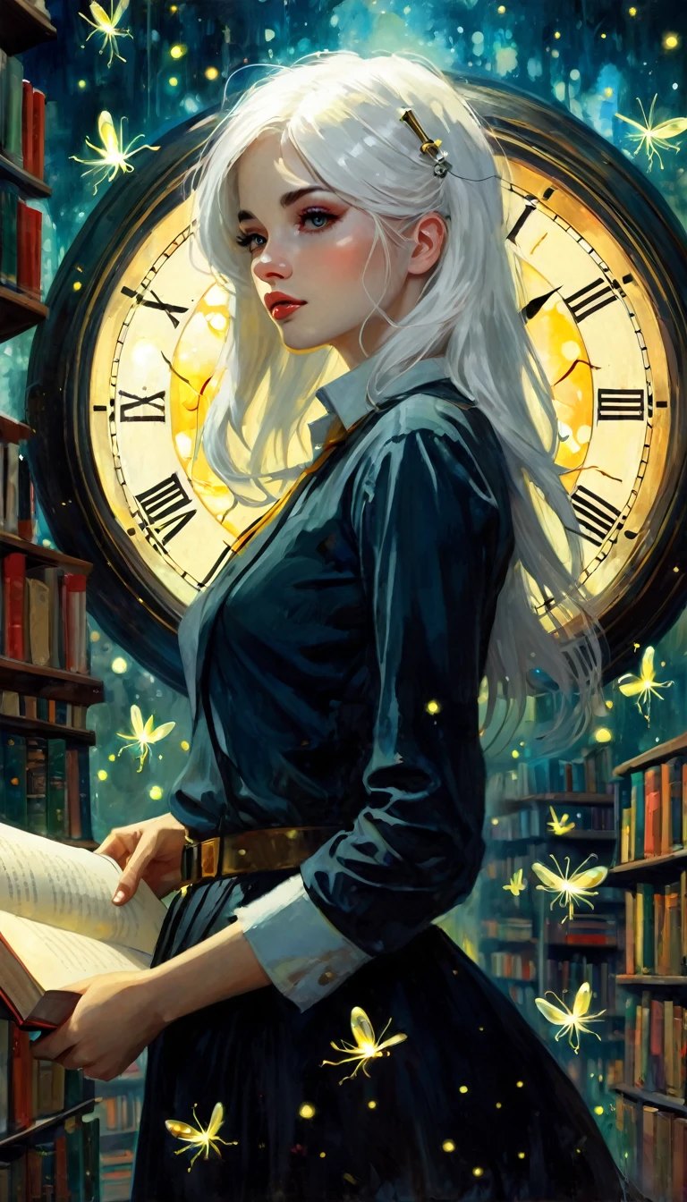(((Best quality))), (((Ultra detailed))), ((((vivid)))), library, books, clock, ((particles, fireflies)), nostalgia, fantasy, 1girl, white hair, (art inspired by Bill Sienkiewicz). oil painting)
