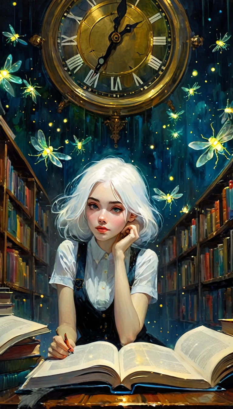 (((Best quality))), (((Ultra detailed))), ((((vivid)))), library, books, clock, ((particles, fireflies)), nostalgia, fantasy, 1girl, white hair, (art inspired by Bill Sienkiewicz). oil painting)
