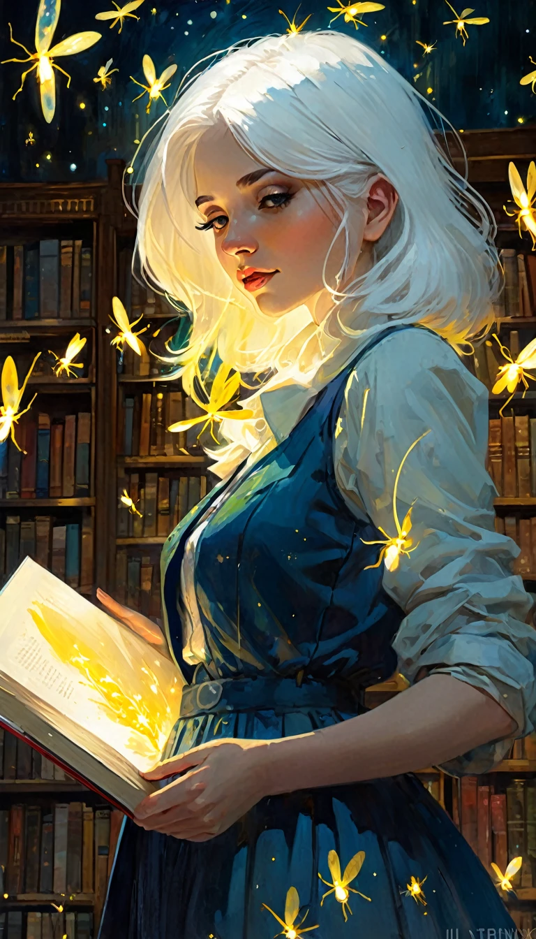 (((Best quality))), (((Ultra detailed))), ((((vivid)))), library, books, clock, ((particles, fireflies)), nostalgia, fantasy, 1girl, white hair, (art inspired by Bill Sienkiewicz). oil painting)
