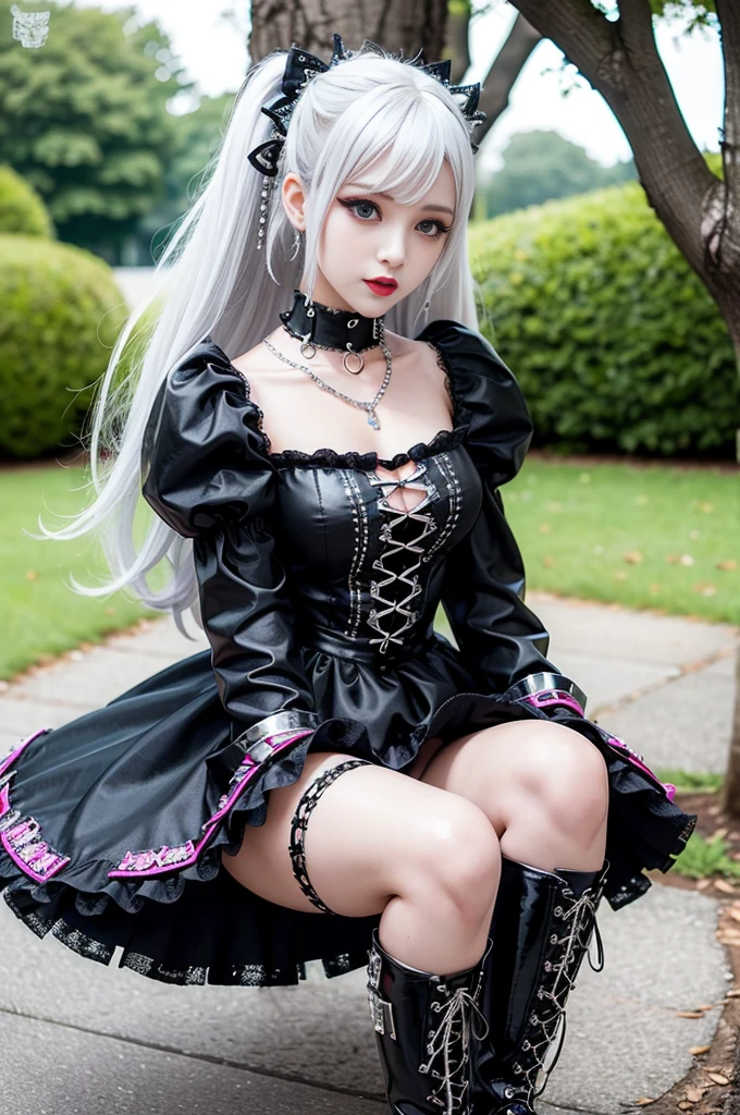 sexy stylish female model, only 1 female, ((doll-like appearance)), long colorful stylish hair, ((shiny Punk-Style boots)), (beautiful smile), ultra detailed eyes, Punk makeup, lipgloss, ((sexy Punk Lolita cosplay)), unconventional skirt, petticoats, high neckline, ((ultra detailed lace)), ((ultra detailed embroidery)), intricate details, tartan patterns, (silver chains), (silver spikes), (safety pins), Punk Lolita accessoires, Punk Lolita choker, ((large sparkling Punk Lolita jewelry)), cinematic light, detailed large park background with trees