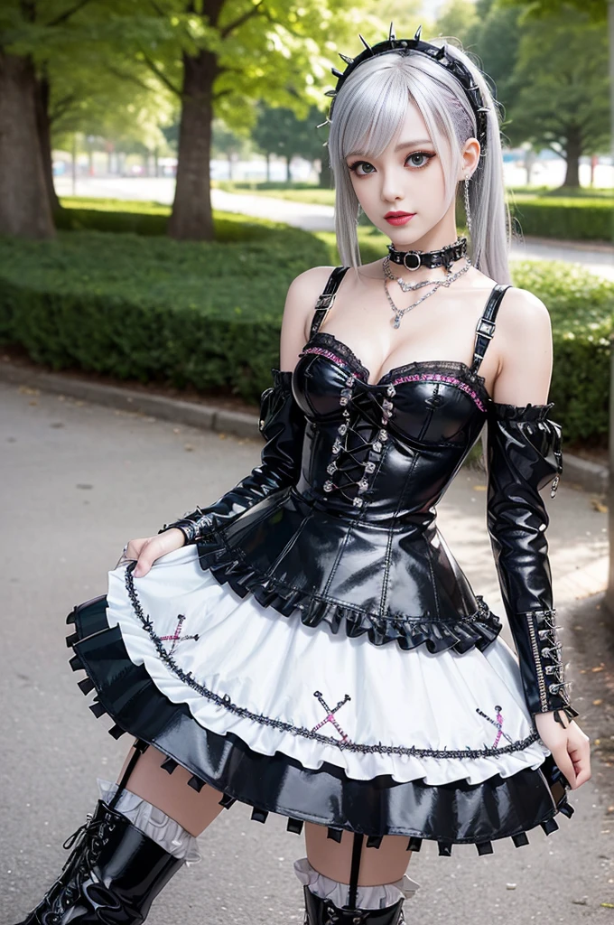 sexy stylish female model, only 1 female, ((doll-like appearance)), long colorful stylish hair, ((shiny Punk-Style boots)), (beautiful smile), ultra detailed eyes, Punk makeup, lipgloss, ((sexy Punk Lolita cosplay)), unconventional skirt, petticoats, high neckline, ((ultra detailed lace)), ((ultra detailed embroidery)), intricate details, tartan patterns, (silver chains), (silver spikes), (safety pins), Punk Lolita accessoires, Punk Lolita choker, ((large sparkling Punk Lolita jewelry)), cinematic light, detailed large park background with trees 