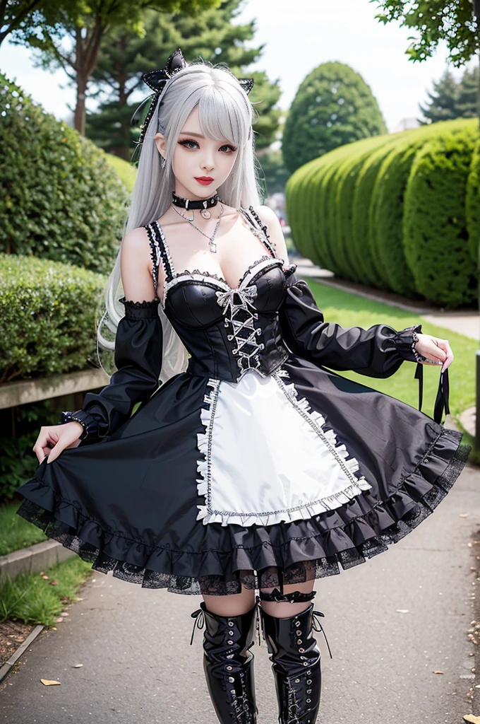 sexy stylish female model, only 1 female, ((doll-like appearance)), long colorful stylish hair, ((shiny Punk-Style boots)), (beautiful smile), ultra detailed eyes, Punk makeup, lipgloss, ((sexy Punk Lolita cosplay)), unconventional skirt, petticoats, high neckline, ((ultra detailed lace)), ((ultra detailed embroidery)), intricate details, tartan patterns, (silver chains), (silver spikes), (safety pins), Punk Lolita accessoires, Punk Lolita choker, ((large sparkling Punk Lolita jewelry)), cinematic light, detailed large park background with trees 
