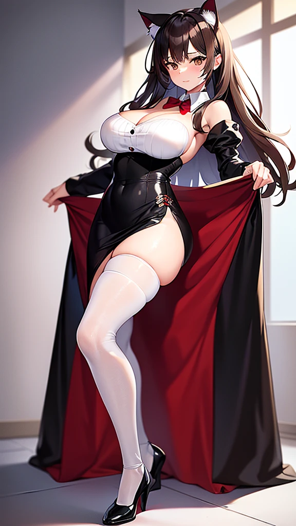 A adult woman, half cat, wide breasts, brown eyes, wearing a white and black dress, red stockings, and standing, and very sexy