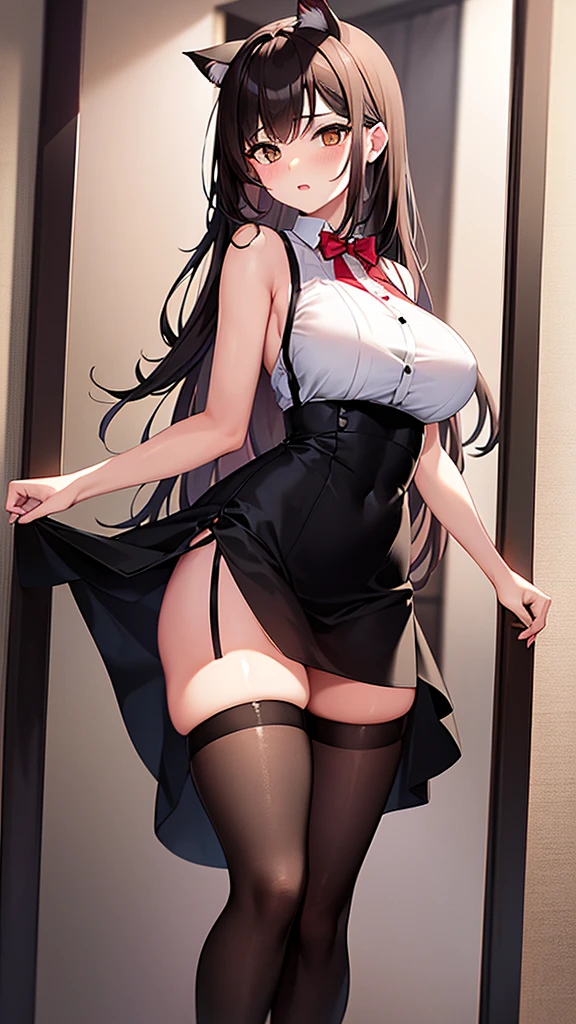 A adult woman, half cat, wide breasts, brown eyes, wearing a white and black dress, red stockings, and standing, and very sexy