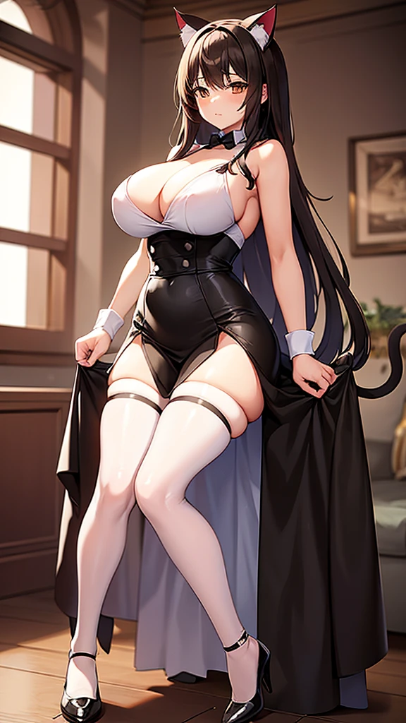 A adult woman, half cat, wide breasts, brown eyes, wearing a white and black dress, red stockings, and standing, and very sexy