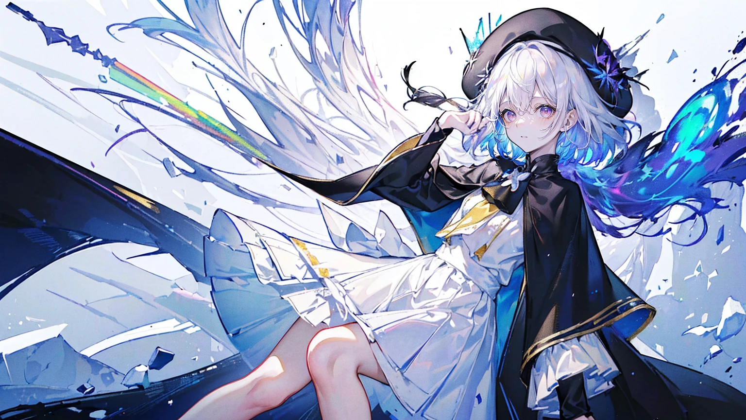(Super detailed)),((illustration)),((masterpiece)),(((need))),((fine、Highest quality CG Unity 8K wallpapers,masterpiece),((4K,masterpiece,best quality)),rainbow发的大概16岁的少女,flat chest,short hair,Gold and silver eyes,Golden Apprentice Uniform,Black short cape,Berets,Black shoes,Paint flowing under your feet,White Silk,Take the color palette,White short skirt covered with paint,Monocle,The walls are covered with portraits,身边有rainbow,phantom,Exhaustion,Overworked,Look in the mirror,The mirror reflects me in different clothes,Standing in a white room,Paint condensed in the air,rainbow,individual,Full body picture