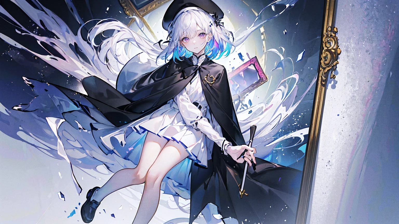 (Super detailed)),((illustration))，((masterpiece)),(((need))),((fine、Highest quality CG Unity 8K wallpapers，masterpiece），（（4K，masterpiece，best quality）），rainbow发的大概16岁的少女，flat chest，short hair，Gold and silver eyes，Golden Apprentice Uniform，Black short cape，Berets，Black shoes，Paint flowing under your feet，White Silk，Take the color palette，White short skirt covered with paint，Monocle，The walls are covered with portraits，身边有rainbow，phantom，Exhaustion，Overworked，Look in the mirror，The mirror reflects me in different clothes，Standing in a white room，Paint condensed in the air，rainbow，individual，Full body picture