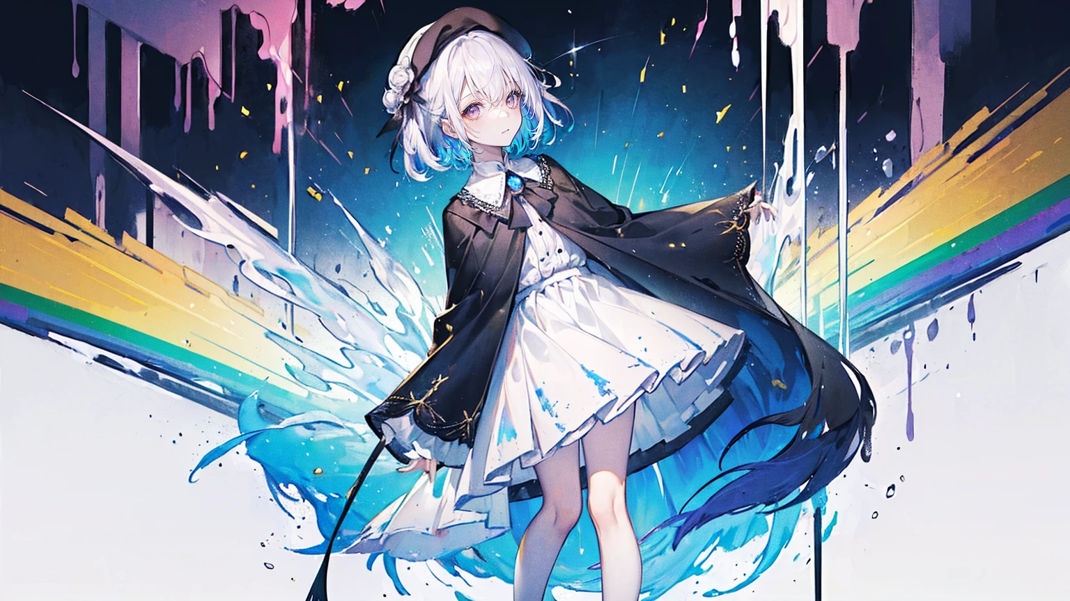 (Super detailed)),((illustration)),((masterpiece)),(((need))),((fine、Highest quality CG Unity 8K wallpapers,masterpiece),((4K,masterpiece,best quality)),rainbow发的大概16岁的少女,flat chest,short hair,Gold and silver eyes,Golden Apprentice Uniform,Black short cape,Berets,Black shoes,Paint flowing under your feet,White Silk,Take the color palette,White short skirt covered with paint,Monocle,The walls are covered with portraits,身边有rainbow,phantom,Exhaustion,Overworked,Look in the mirror,The mirror reflects me in different clothes,Standing in a white room,Paint condensed in the air,rainbow,individual,Full body picture