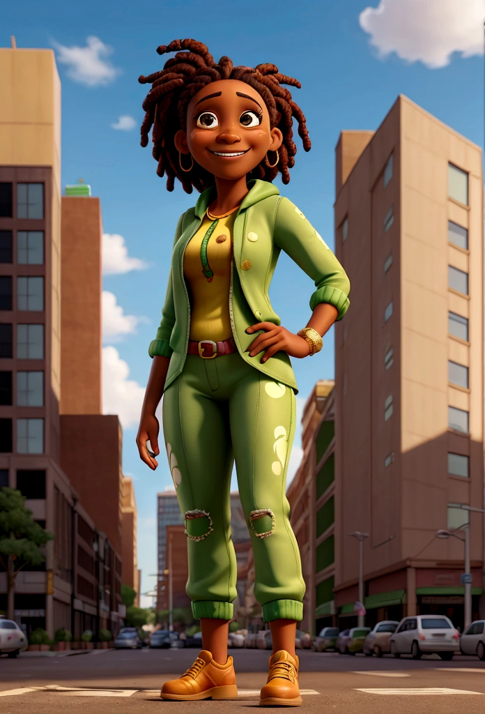 An Jamaican woman 38 years old, wearing a green outfit, she is smiling. She is standing outside, At the background you see 6 story building, with a billboard of a rasta man on the building, high quality, 8k, comic book style, highly detailed, hyper realistic, photorealistic, intricate details, normale lighting, vibrant colors, warm color tones, cinematic composition, epic, comic book style