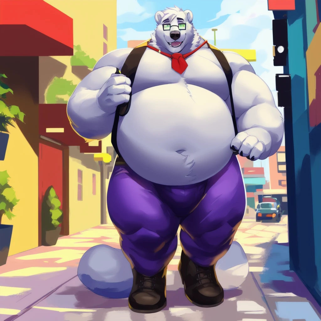 By mystikfox61, by glitter trap boy, by juiceps, by darkgem, solo, male, polar bear, white fur, green eyes, detailed eyes, detailed hands, muscular, inflating body overweight, musclegut, big biceps, smiling, glasses, wearing a full suit and tie, standing, street, outside, wonderful day out