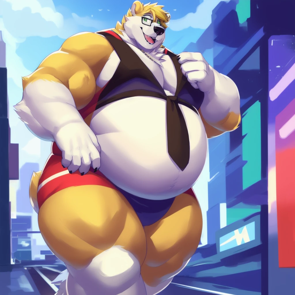 By mystikfox61, by glitter trap boy, by juiceps, by darkgem, solo, male, polar bear, white fur, green eyes, detailed eyes, detailed hands, muscular, inflating body overweight, musclegut, big biceps, smiling, glasses, wearing a full suit and tie, standing, street, outside, wonderful day out