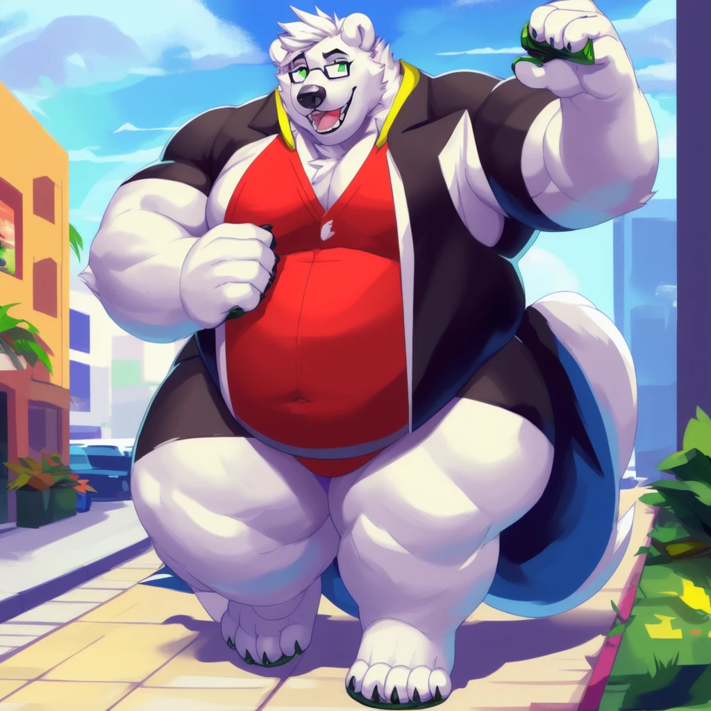 By mystikfox61, by glitter trap boy, by juiceps, by darkgem, solo, male, polar bear, white fur, green eyes, detailed eyes, detailed hands, muscular, inflating body overweight, musclegut, big biceps, smiling, glasses, wearing a full suit and tie, standing, street, outside, wonderful day out