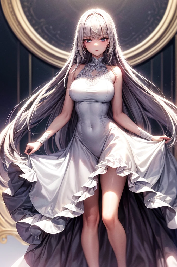 masterpiece, best quality, distinct image, 1 girl, 16 year old ager, elegant and royal style ornate ruffled dress, solo. soft facial features, symmetrical shaped face, cherry red lip, alabaster white skin, sky blue eyes-colored eyes, tall height(185cm), slender yet thick, striking white hair, flowing long hairstyle, long and slender legs, curvy wide hips stretching the dress, full body image,