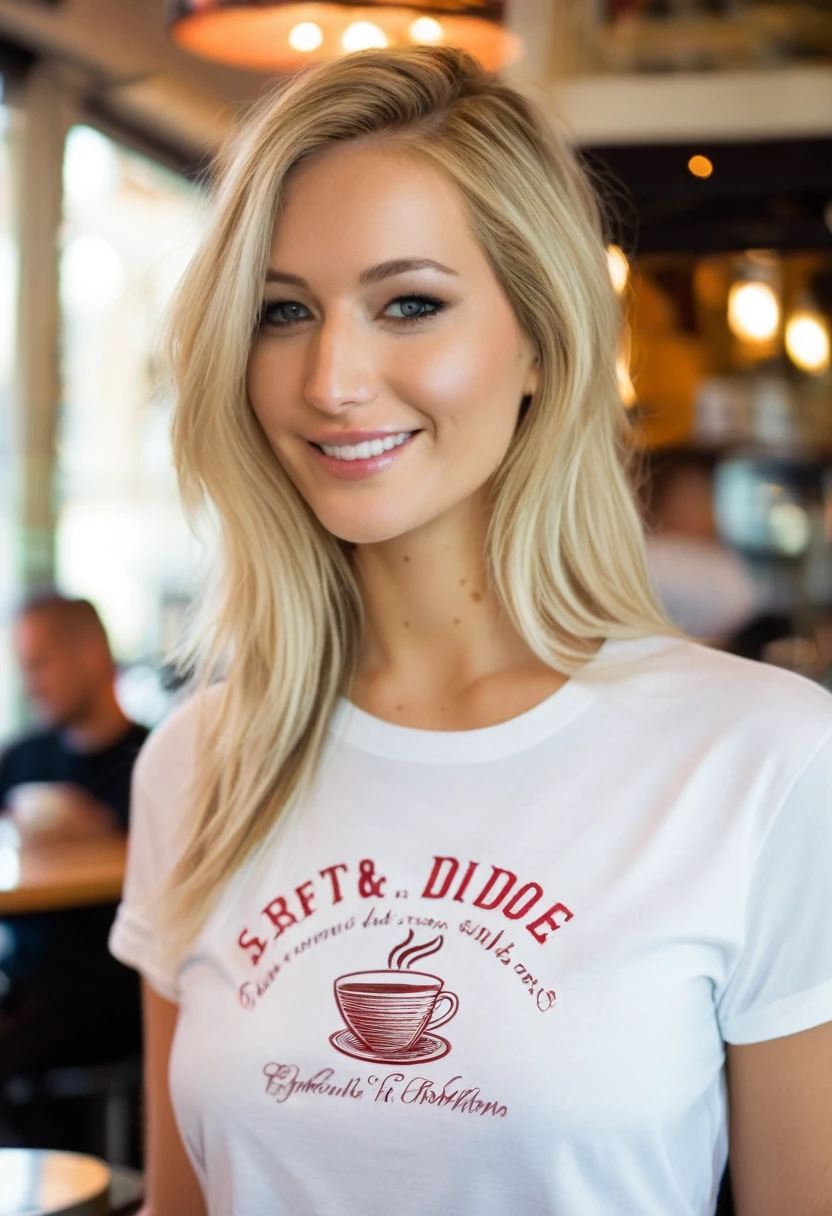 1fille, female, wife, de 22 ans debout dans un café confortable, Tout le corps, porter un simple t-shirt blanc. blond, french twist hairstyle, shallow depth of field, Ultra high detail, ultra HD, Portra 800, big breast