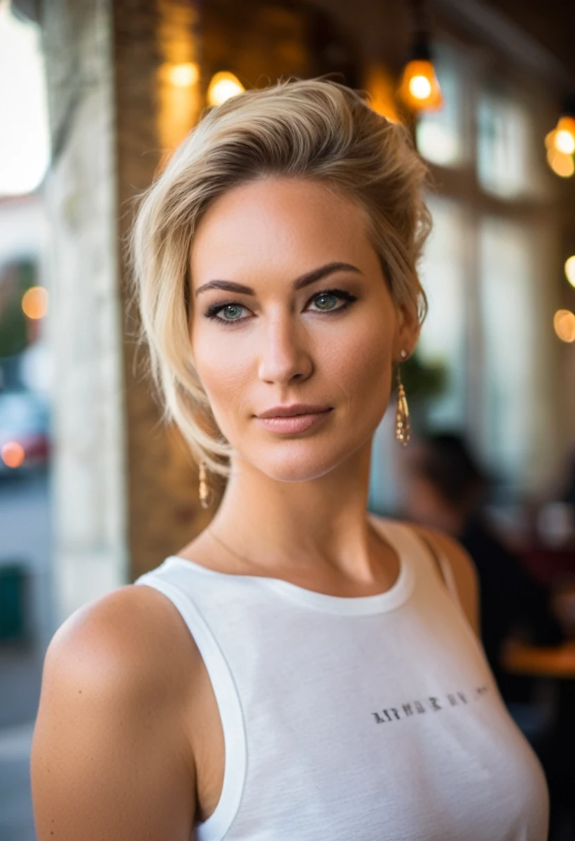 1fille, female, wife, de 22 ans debout dans un café confortable, Tout le corps, porter un simple t-shirt blanc. blond, french twist hairstyle, shallow depth of field, Ultra high detail, ultra HD, Portra 800, big breast