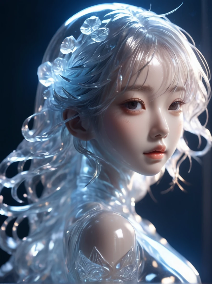 (a statue of a girl carved from ice, the body is completely transparent:1.6), (glowing fluorescent effect:1.3), sexy Korean idol face, wavy hair, from below, (upper thighs shot),