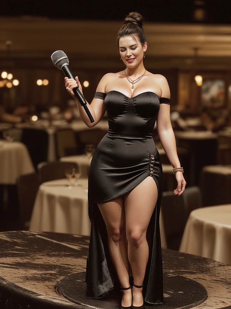 (toy-sized:1.7) amazing stunningly beautiful (chubby:1.2) (singing happily:1.4) 40 year old (liv tyler:1.2) (holding gigantic oversized microphone:1.5), (short hair in a messy bun:1.4), (standing on top of a giant wide restaurant table:1.4), (busy fancy restaurant:1.3), (eyes closed:1.4), (tight black strapless satin cocktail dress:1.4), (cameo necklace:1.2), gigantic breasts, (realistic skin texture:1.2)